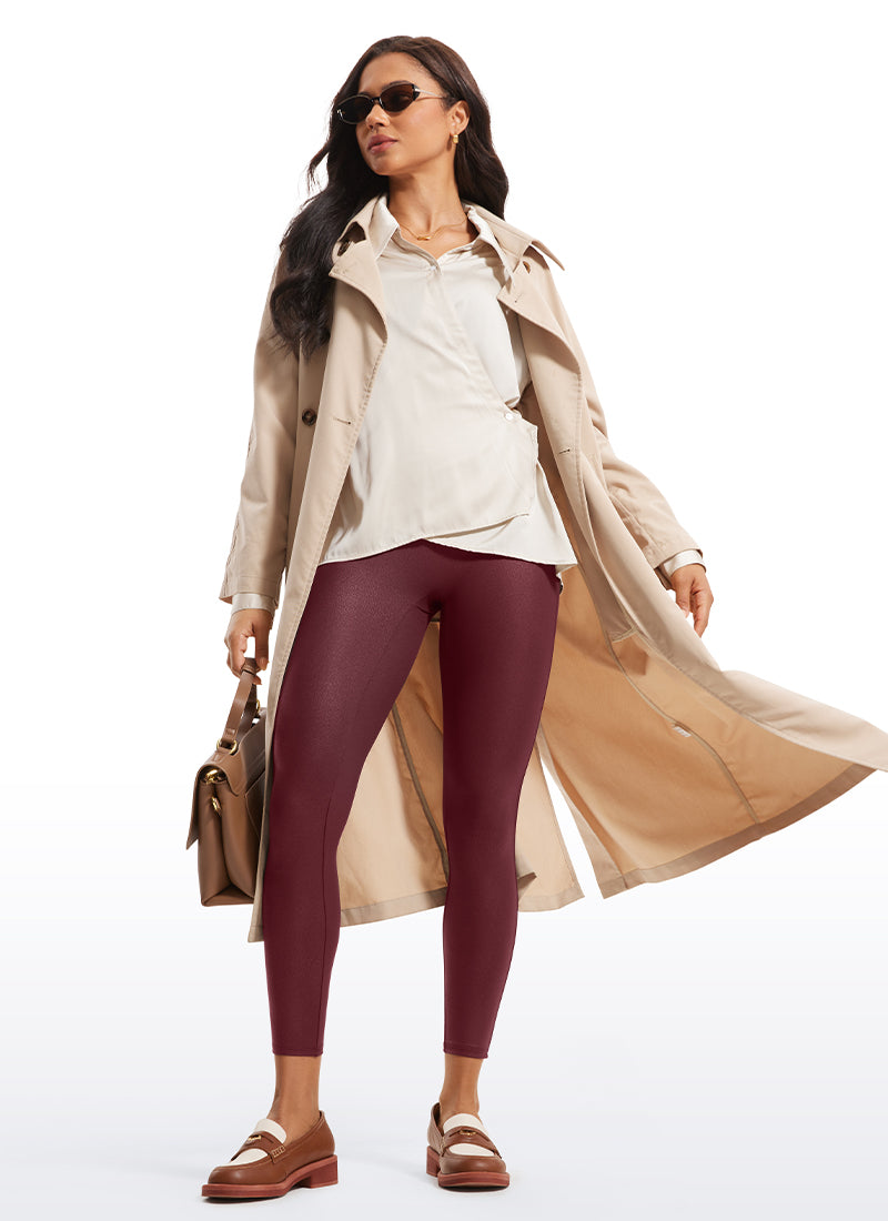 CRZ YOGA Women Butterluxe Matte Faux Leather No Front Seam Leggings 25'' Red Merlot Foil Pattern @model_info:Amanda