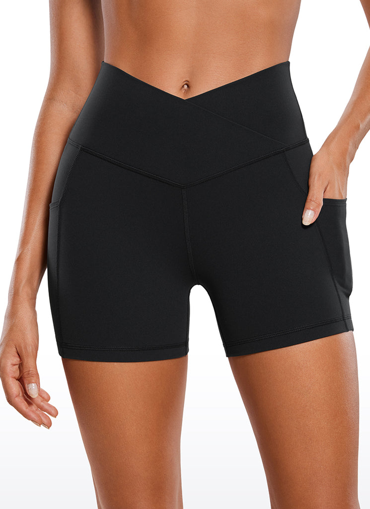 CRZ YOGA Women's High Rise Butterluxe V Cross Waist Pockets Shorts 4'' Black