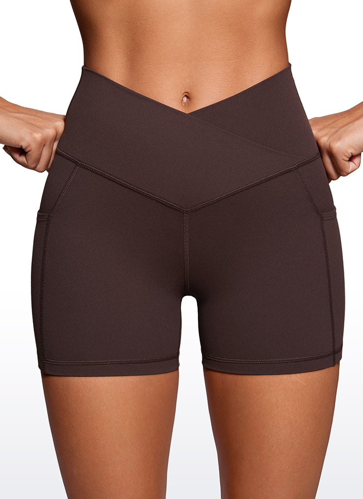 CRZ YOGA Women's High Rise Butterluxe V Cross Waist Pockets Shorts 4'' Hot Fudge Brown