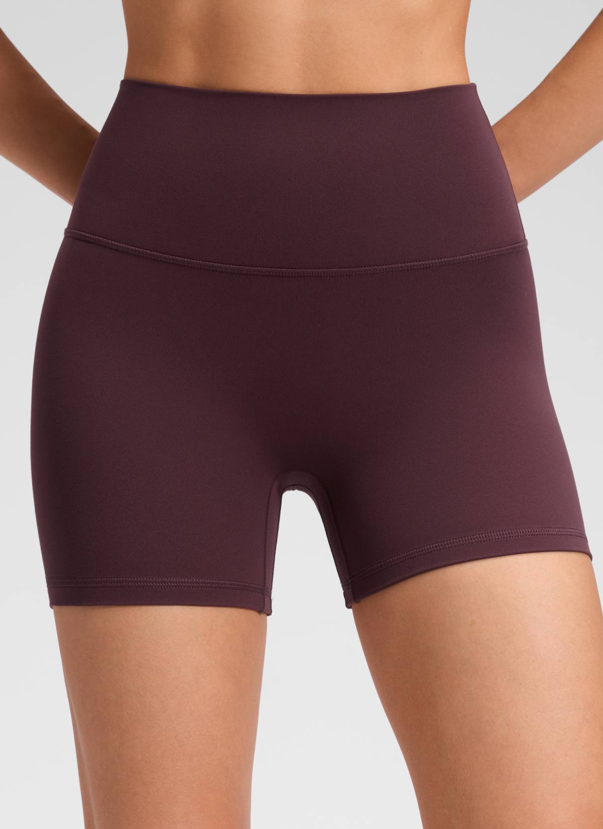 CRZ YOGA Women's Butterluxe Yoga High Rise No Front Seam Shorts 4'' Ripe Plum @model_info:Milena