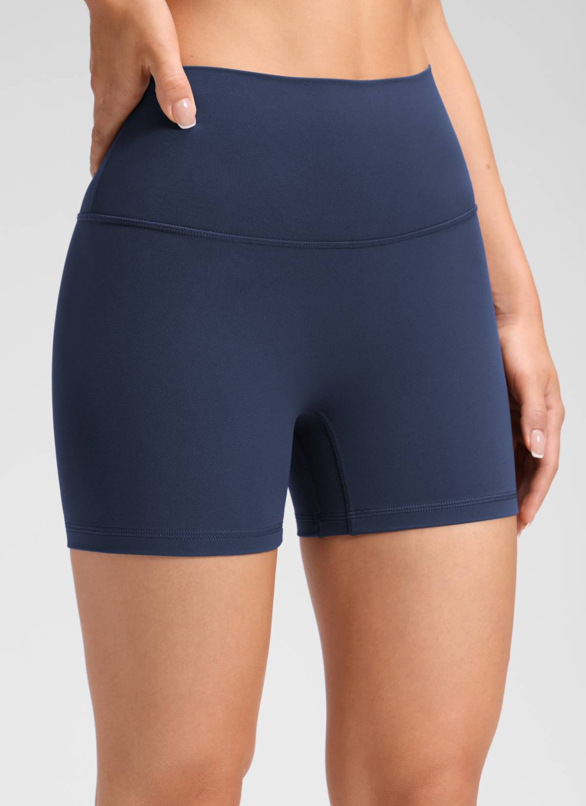 CRZ YOGA Women's Butterluxe Yoga High Rise No Front Seam Shorts 4'' Club Blue @model_info:Milena