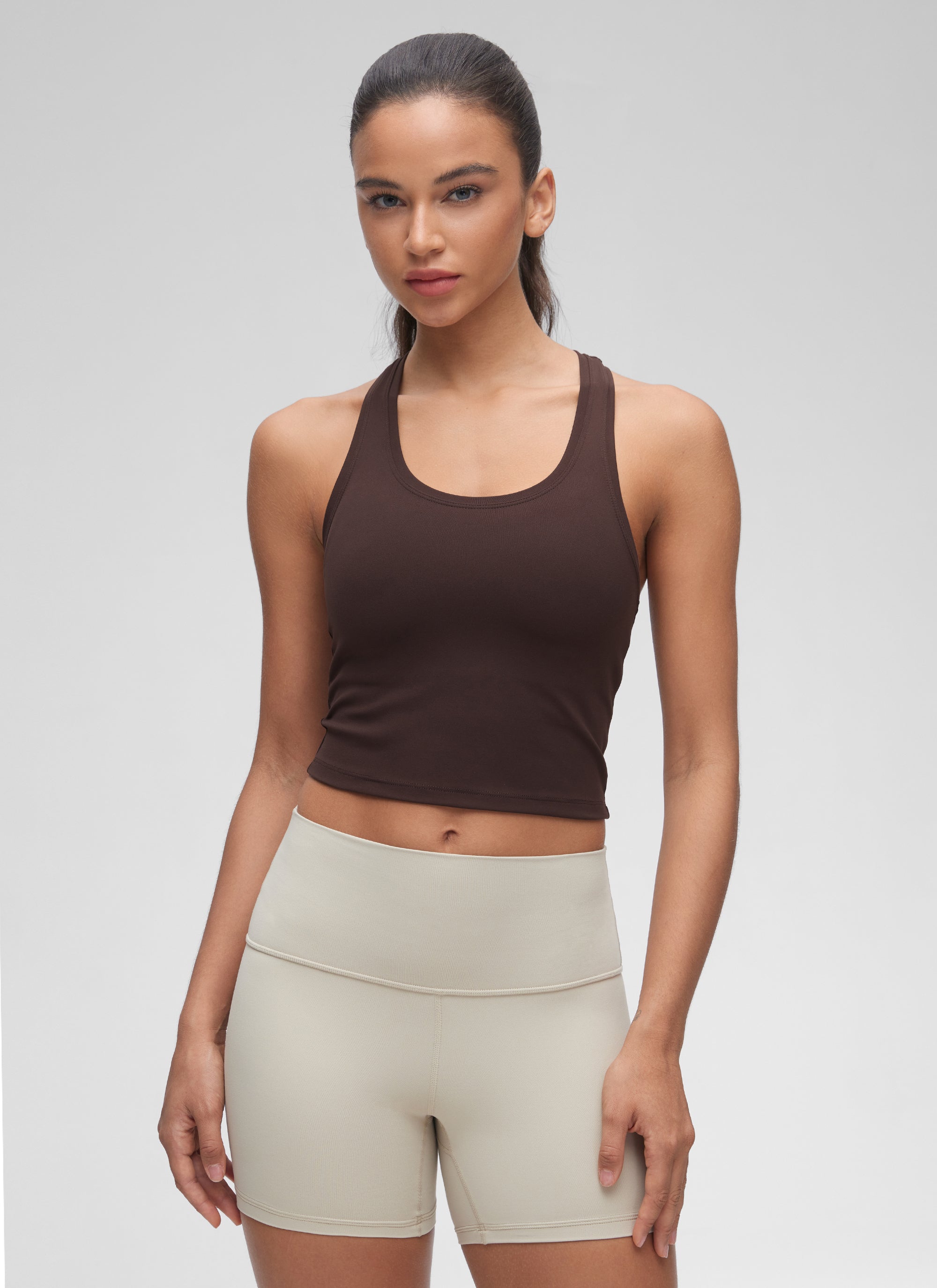 CRZ YOGA Women's Butterluxe Scoop Neck Racerback Cropped Lounge Yoga Tank Hot Fudge Brown @model_info:Winma