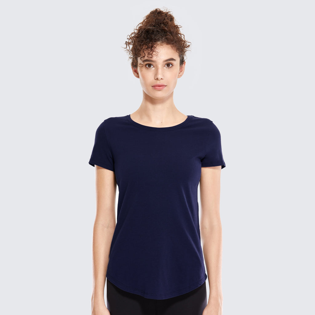 CRZ YOGA Women's Casual Relaxed Fit Shirts Pima Cotton Short Sleeves Navy