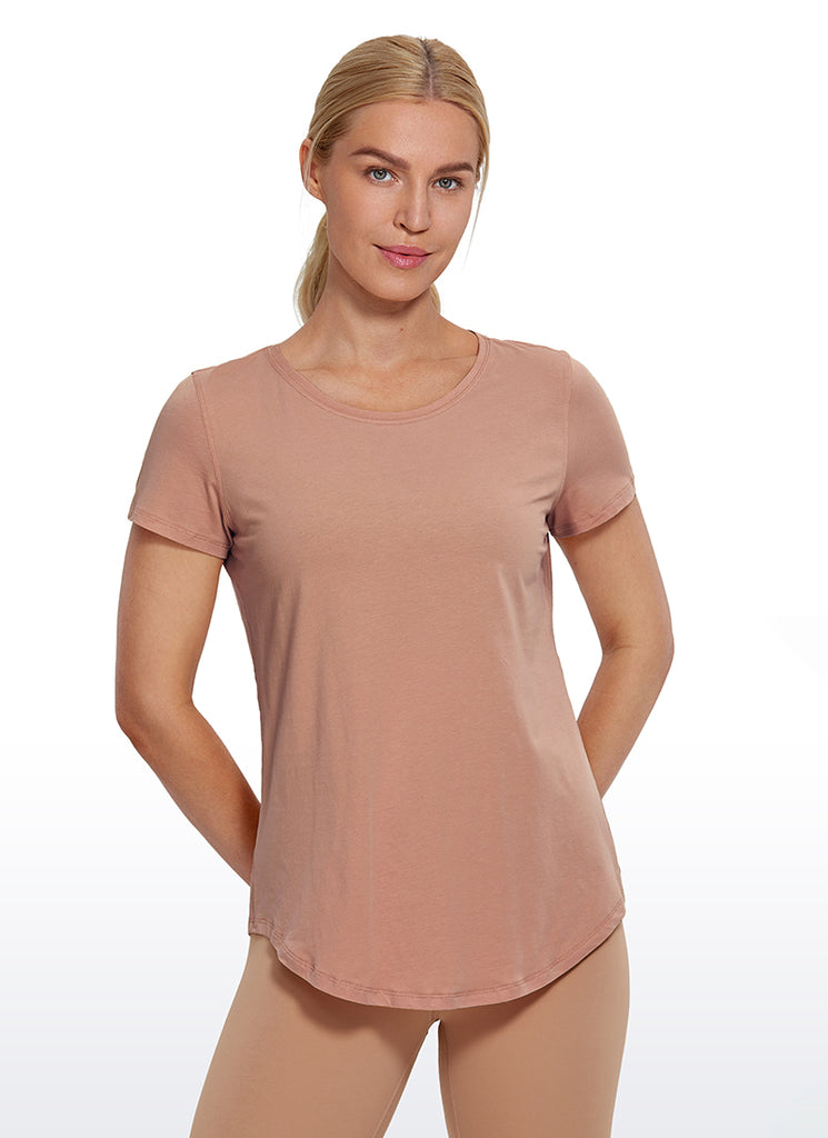 CRZ YOGA Women's Casual Relaxed Fit Shirts Pima Cotton Short Sleeves Pure Blue