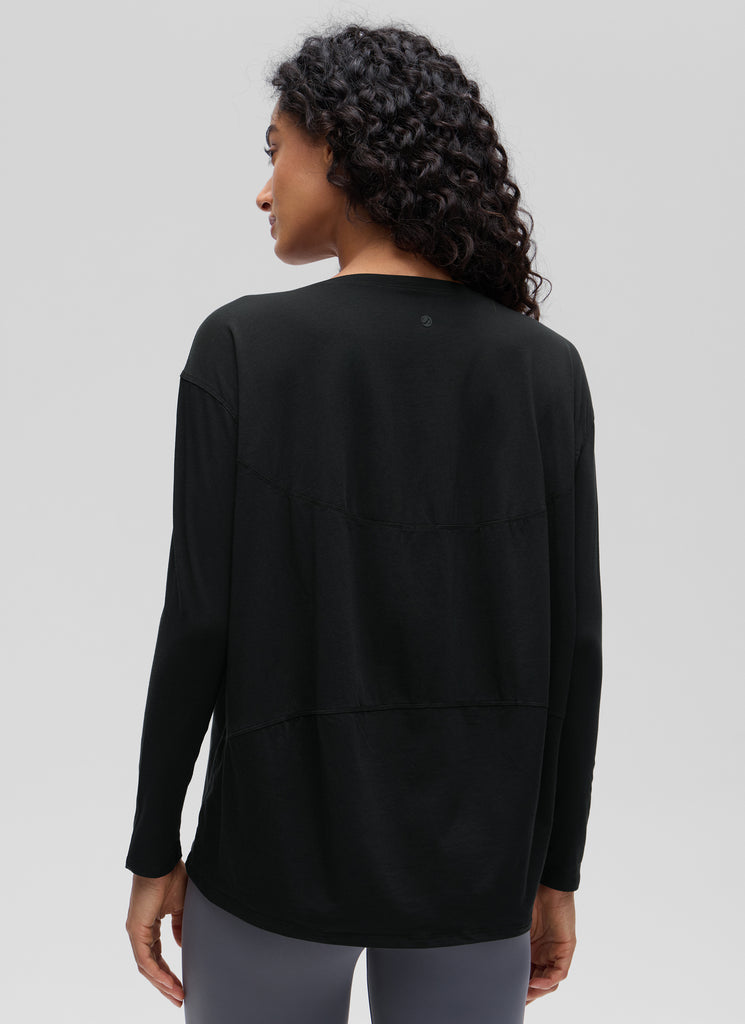 CRZ YOGA Women's Casual Loose Fit Pima Cotton Long Sleeves Boat Neck Black