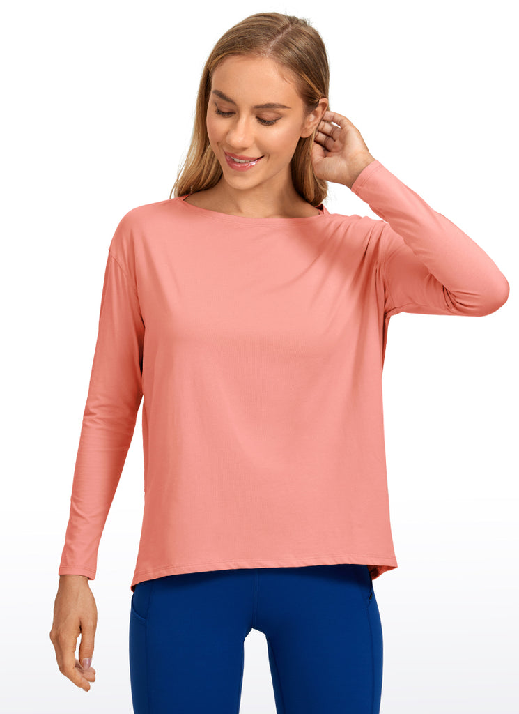 CRZ YOGA Women's Casual Loose Fit Pima Cotton Long Sleeves Boat Neck Peach Pink