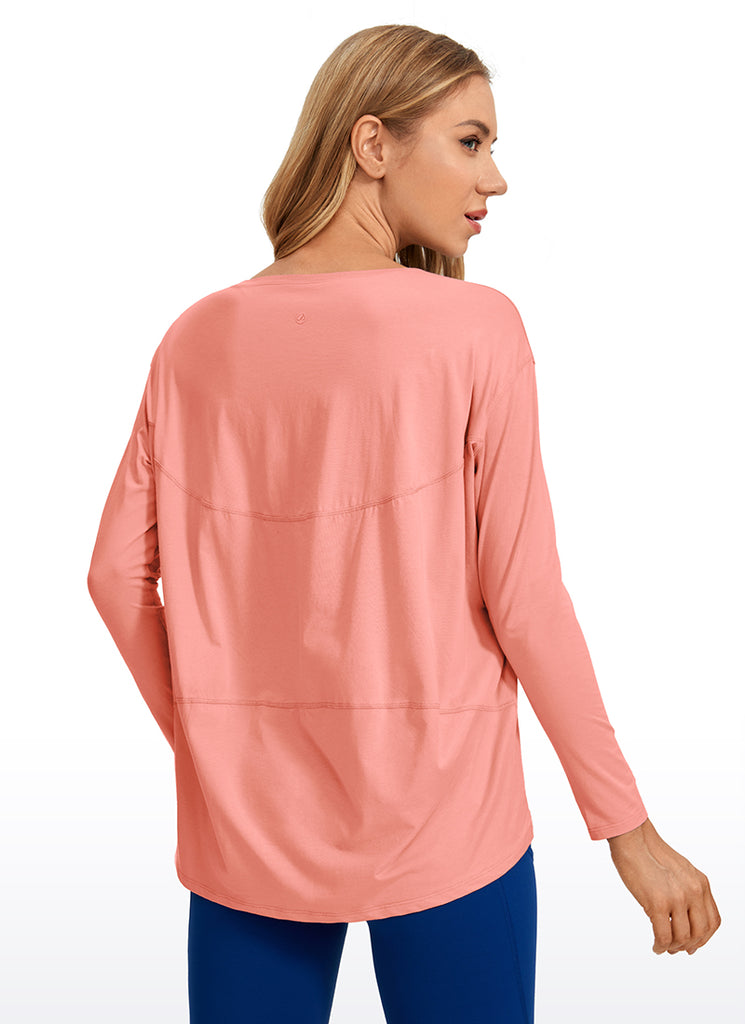CRZ YOGA Women's Casual Loose Fit Pima Cotton Long Sleeves Boat Neck Peach Pink
