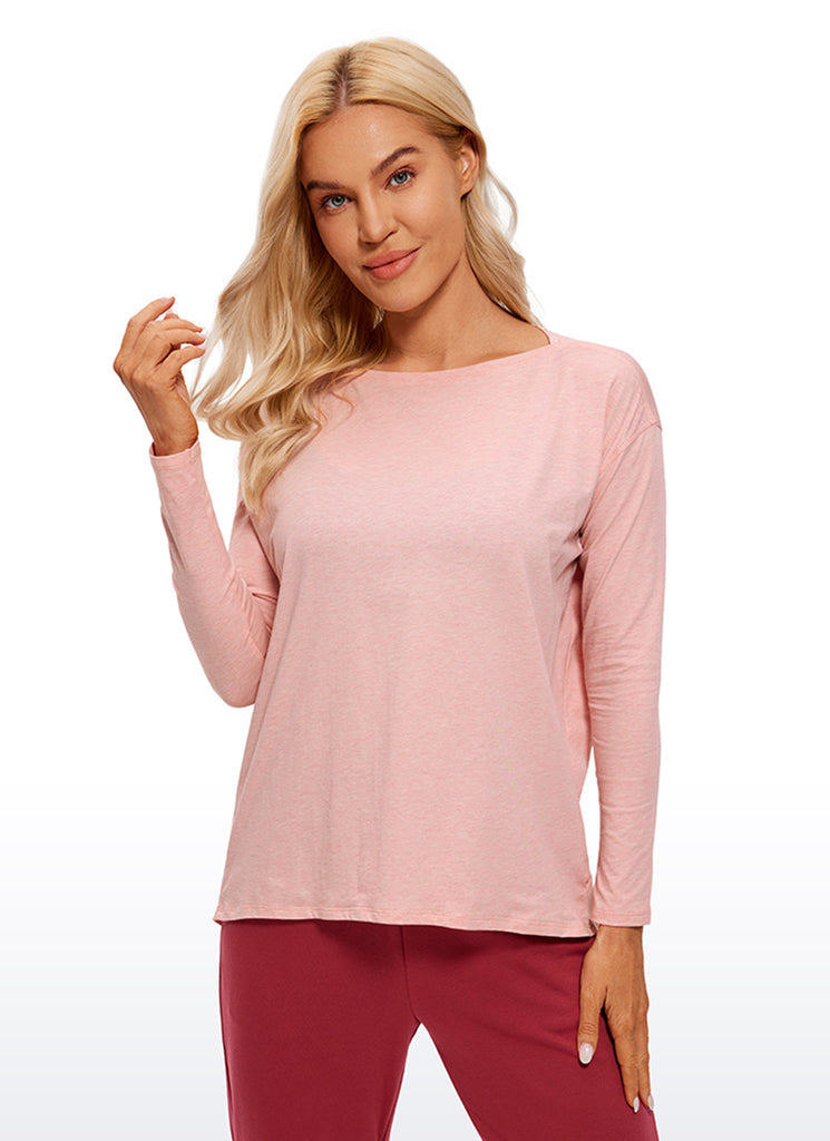 CRZ YOGA Women's Casual Loose Fit Pima Cotton Long Sleeves Boat Neck Peach Pink