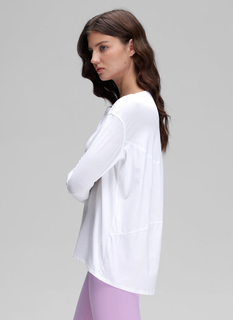 CRZ YOGA Women's Casual Loose Fit Pima Cotton Long Sleeves Boat Neck White