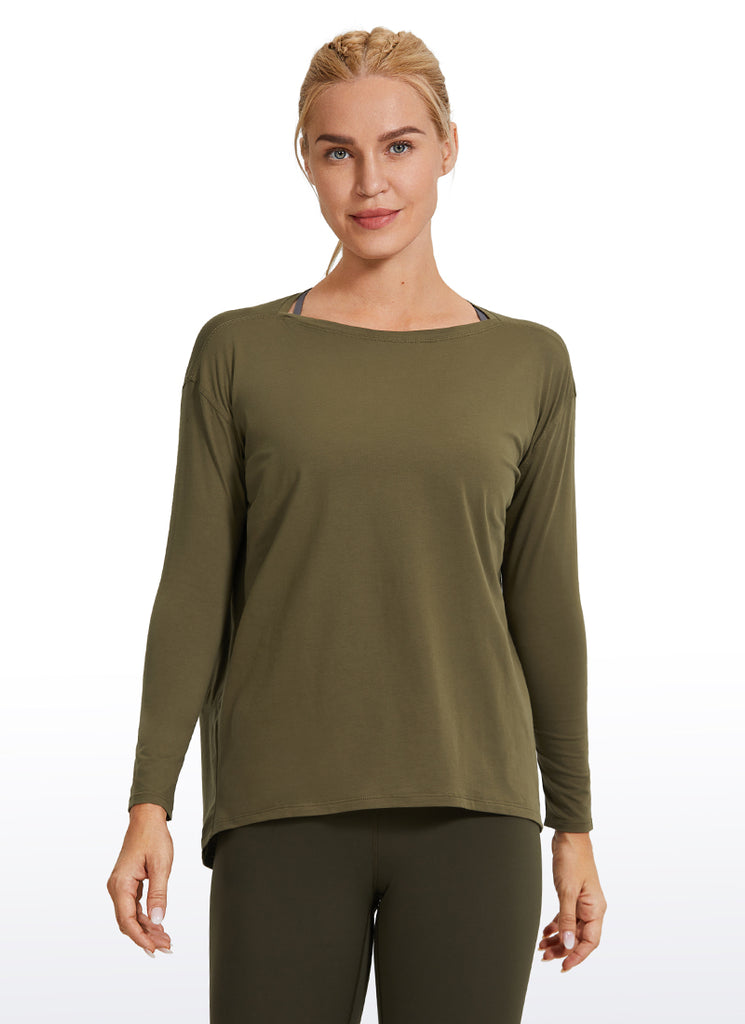 CRZ YOGA Women's Casual Loose Fit Pima Cotton Long Sleeves Boat Neck Coast stone Brown