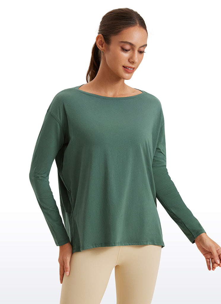 CRZ YOGA Women's Casual Loose Fit Pima Cotton Long Sleeves Boat Neck Graphite Green