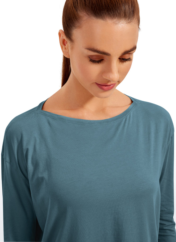 CRZ YOGA Women's Casual Loose Fit Pima Cotton Long Sleeves Boat Neck Slate Blue
