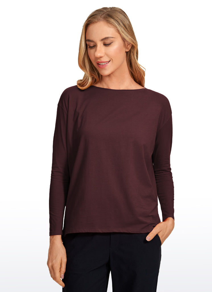 CRZ YOGA Women's Casual Loose Fit Pima Cotton Long Sleeves Boat Neck Smoky Blush