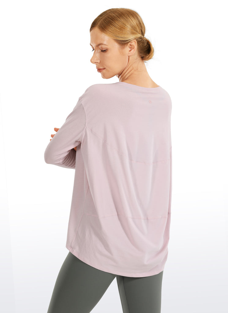 CRZ YOGA Women's Casual Loose Fit Pima Cotton Long Sleeves Boat Neck Pink