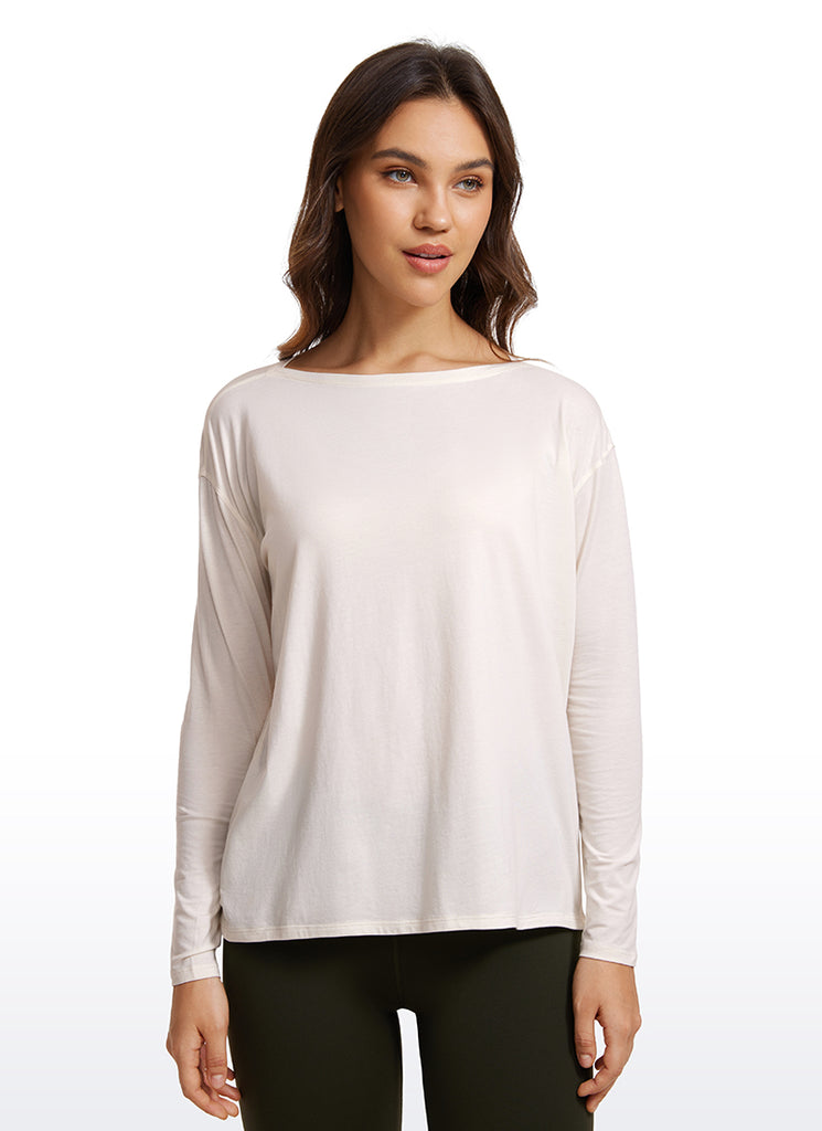 CRZ YOGA Women's Casual Loose Fit Pima Cotton Long Sleeves Boat Neck Sonic Pink