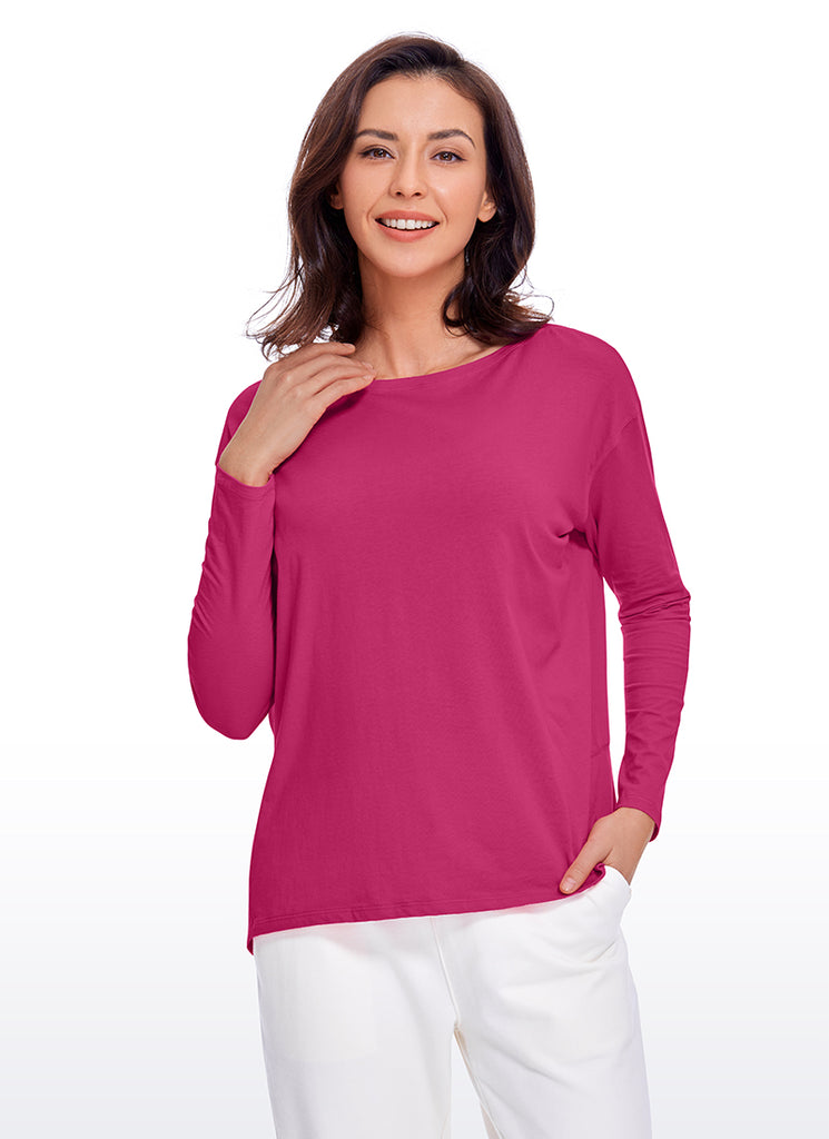 CRZ YOGA Women's Casual Loose Fit Pima Cotton Long Sleeves Boat Neck Coral