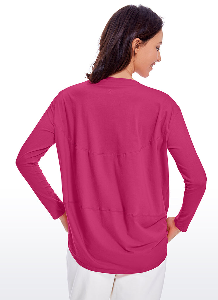 CRZ YOGA Women's Casual Loose Fit Pima Cotton Long Sleeves Boat Neck Coral