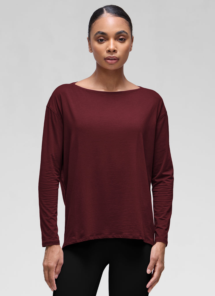 CRZ YOGA Women's Casual Loose Fit Pima Cotton Long Sleeves Boat Neck Red Merlot