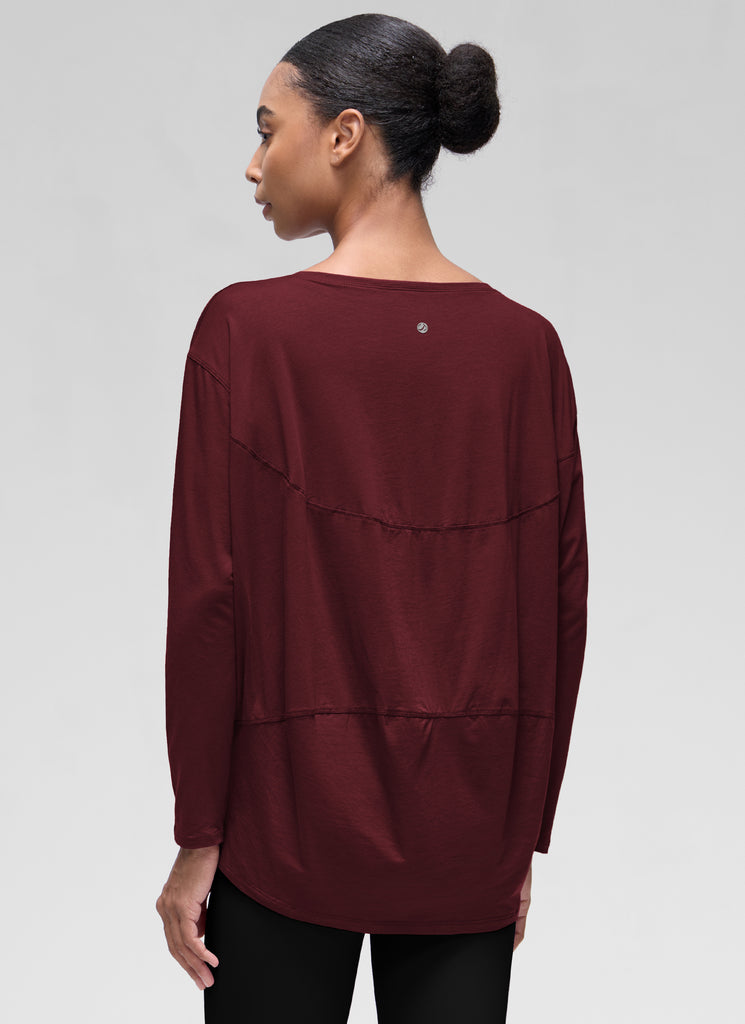CRZ YOGA Women's Casual Loose Fit Pima Cotton Long Sleeves Boat Neck Red Merlot