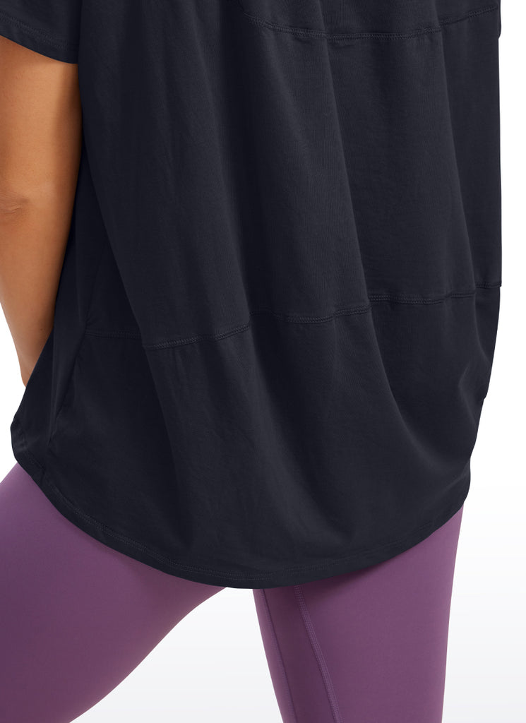 CRZ YOGA Women's Yoga Loose Fit Pima Cotton Short Sleeves Boat Neck Iced Iris