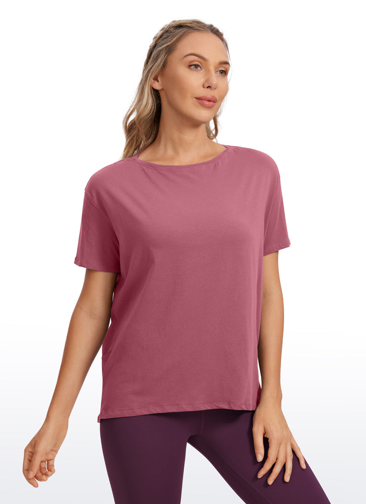 CRZ YOGA Women's Yoga Loose Fit Pima Cotton Short Sleeves Boat Neck Smoky Blush