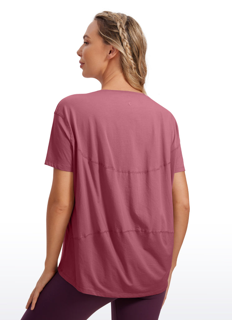 CRZ YOGA Women's Yoga Loose Fit Pima Cotton Short Sleeves Boat Neck Smoky Blush