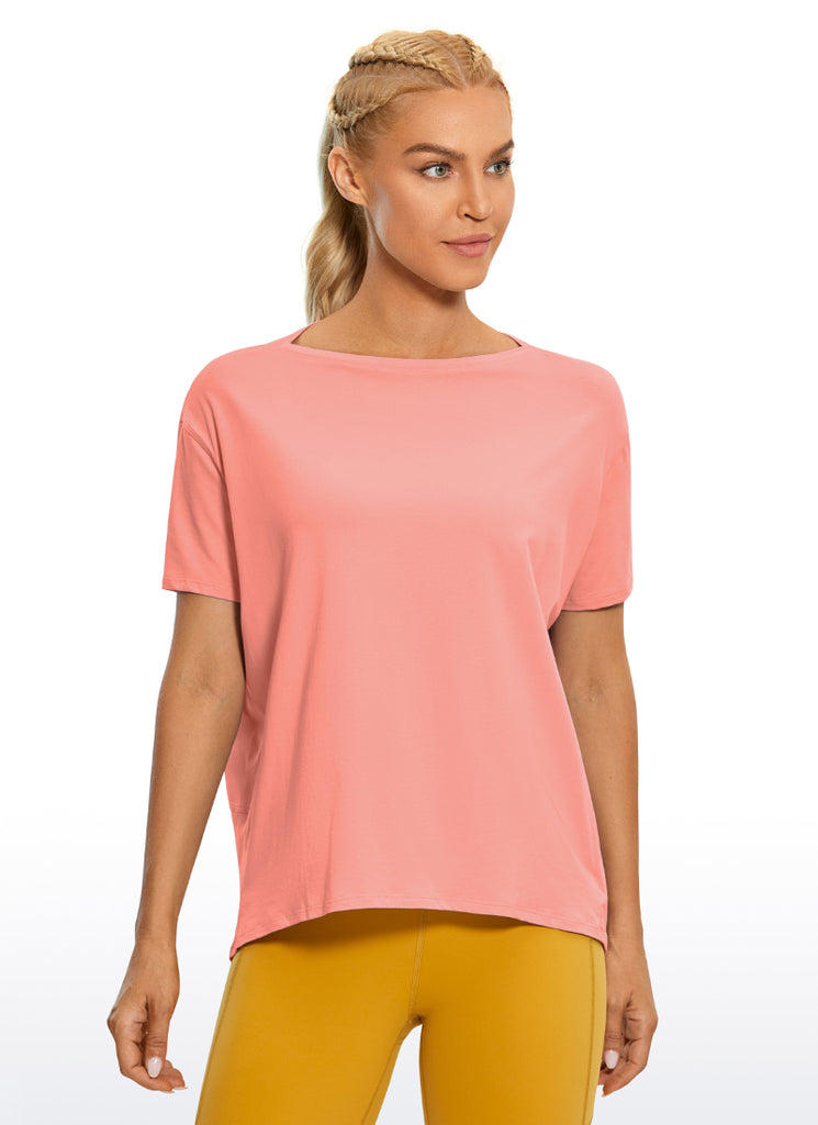 CRZ YOGA Women's Yoga Loose Fit Pima Cotton Short Sleeves Boat Neck Misty Merlot