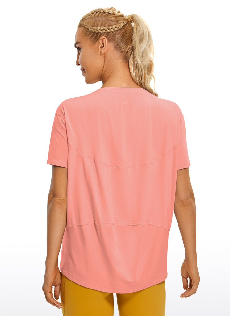 CRZ YOGA Women's Yoga Loose Fit Pima Cotton Short Sleeves Boat Neck Smoky Blush