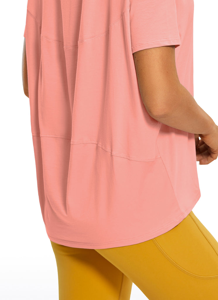 CRZ YOGA Women's Yoga Loose Fit Pima Cotton Short Sleeves Boat Neck Misty Merlot