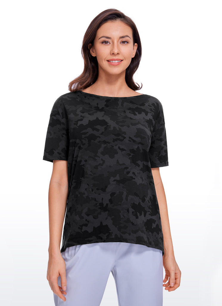 CRZ YOGA Women's Yoga Loose Fit Pima Cotton Short Sleeves Boat Neck Misty Merlot