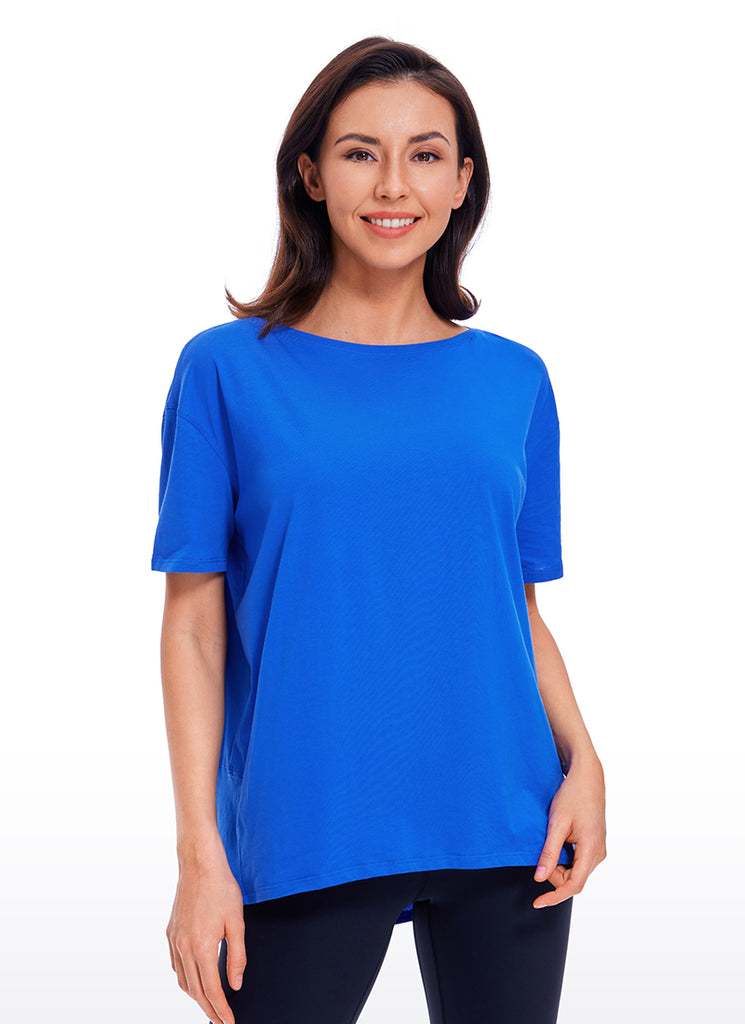 CRZ YOGA Women's Yoga Loose Fit Pima Cotton Short Sleeves Boat Neck Misty Merlot