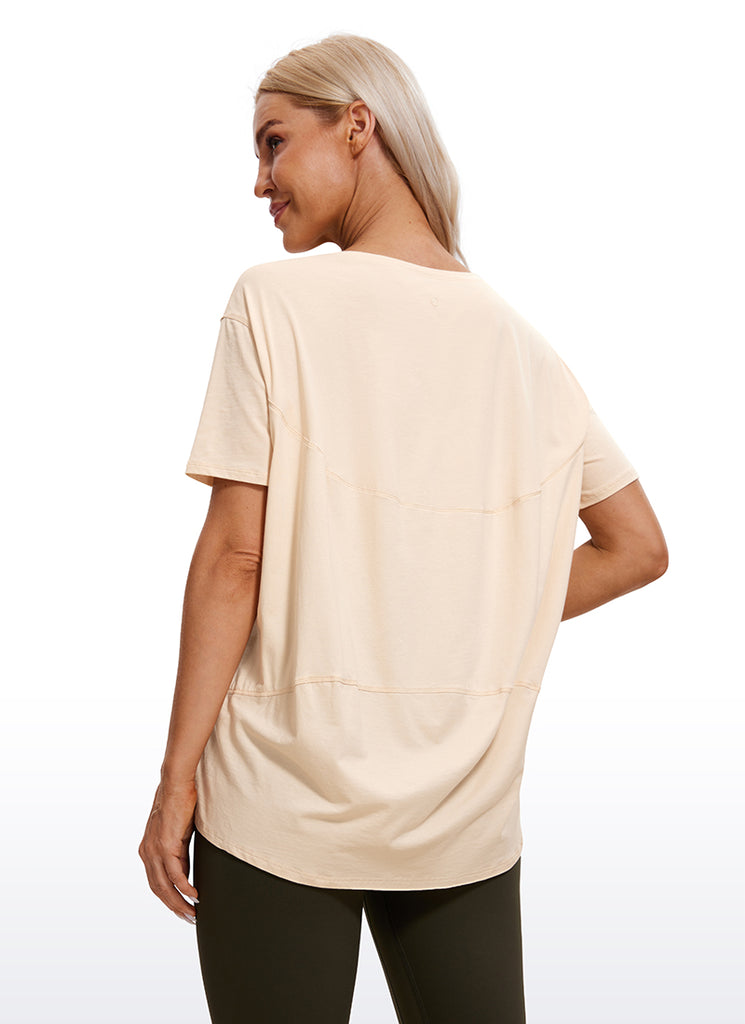 CRZ YOGA Women's Yoga Loose Fit Pima Cotton Short Sleeves Boat Neck Peach Pink