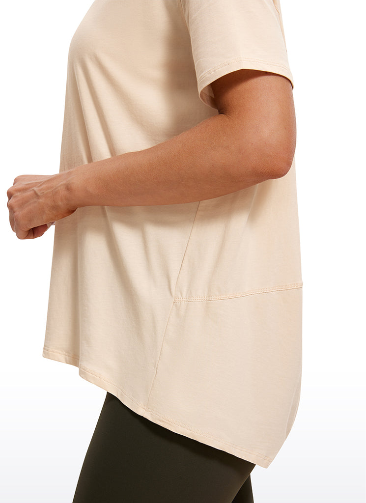 CRZ YOGA Women's Yoga Loose Fit Pima Cotton Short Sleeves Boat Neck Peach Pink