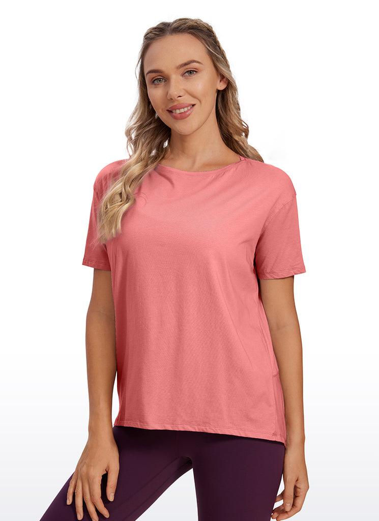 CRZ YOGA Women's Yoga Loose Fit Pima Cotton Short Sleeves Boat Neck Strong Blue