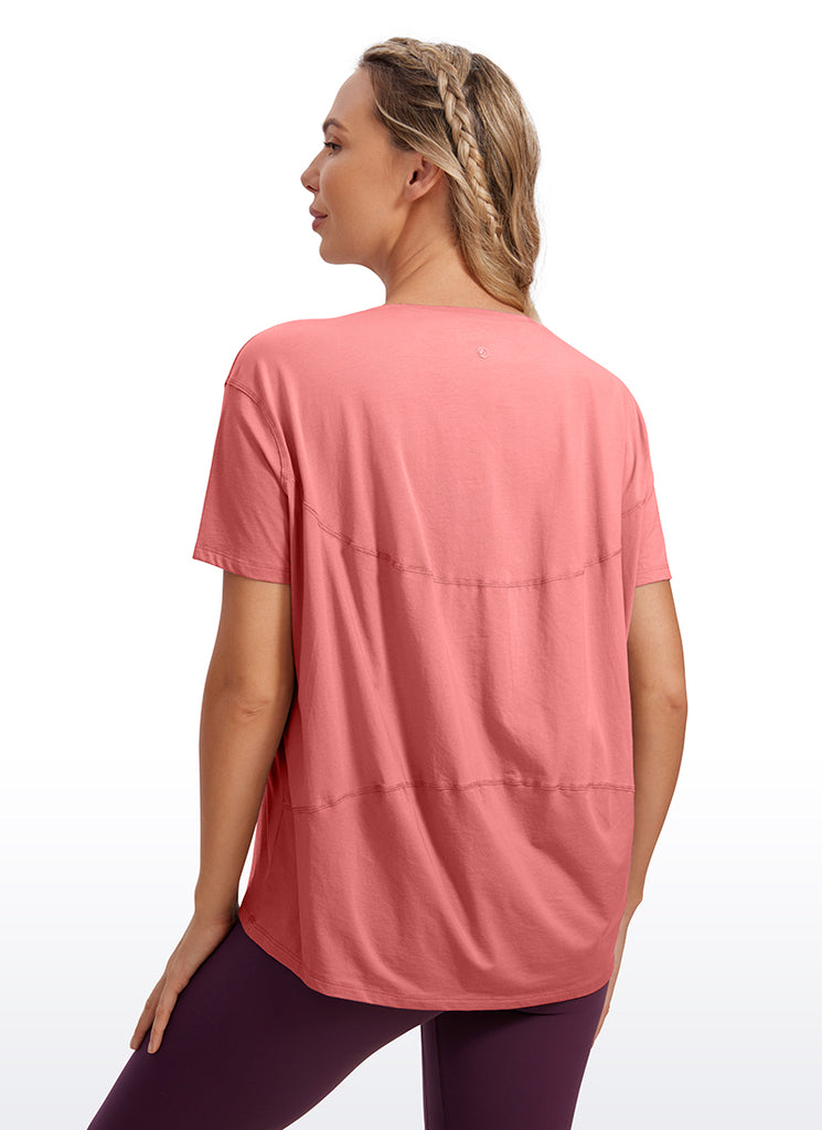 CRZ YOGA Women's Yoga Loose Fit Pima Cotton Short Sleeves Boat Neck Strong Blue