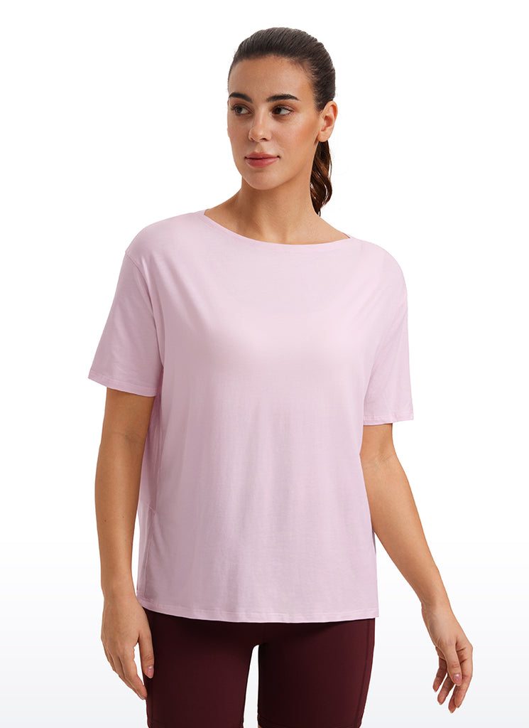 CRZ YOGA Women's Yoga Loose Fit Pima Cotton Short Sleeves Boat Neck Strong Blue