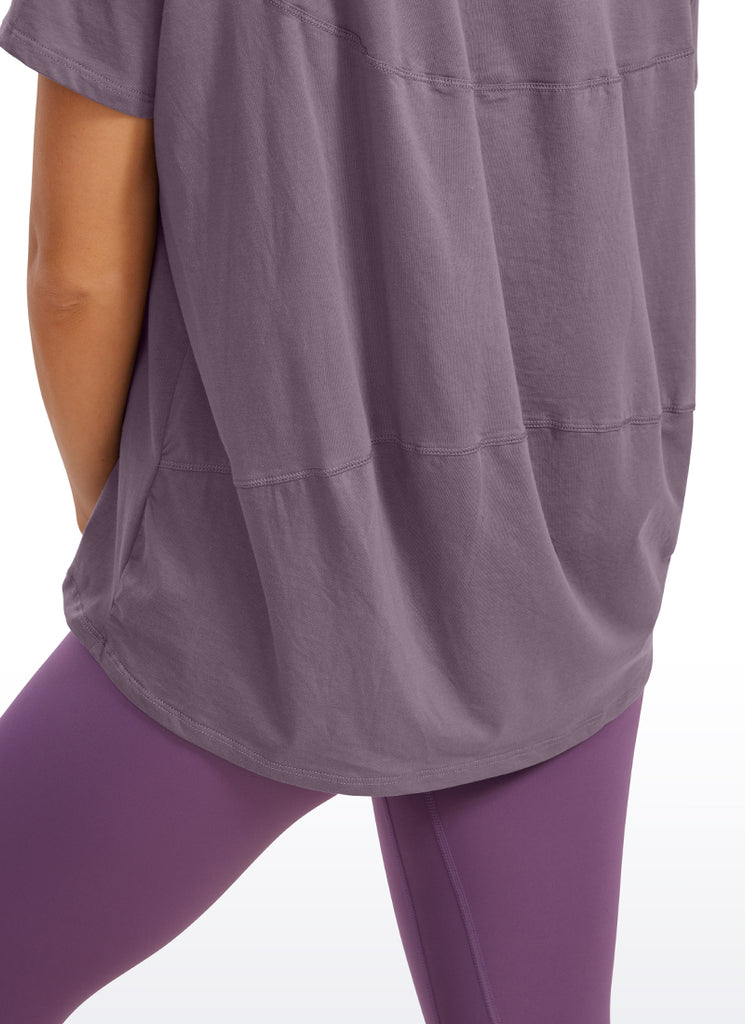 CRZ YOGA Women's Yoga Loose Fit Pima Cotton Short Sleeves Boat Neck purple gray