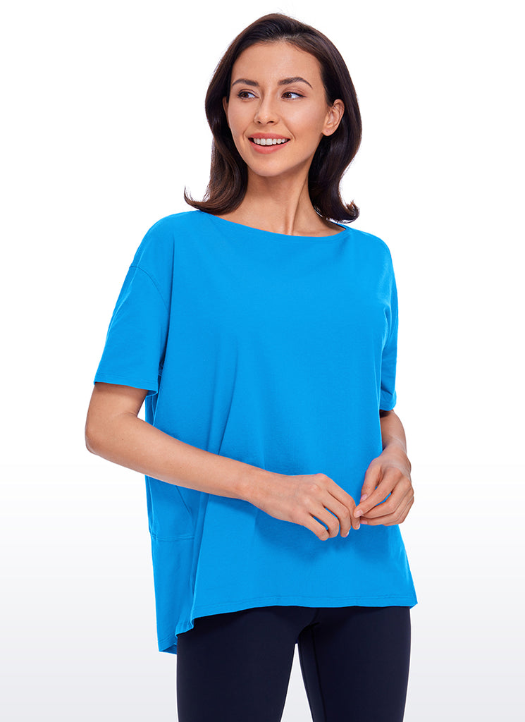 CRZ YOGA Women's Yoga Loose Fit Pima Cotton Short Sleeves Boat Neck Madagascar Blue