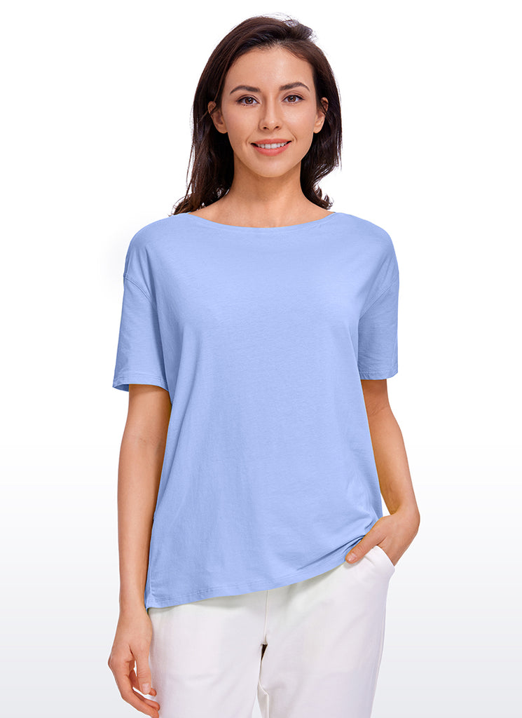 CRZ YOGA Women's Yoga Loose Fit Pima Cotton Short Sleeves Boat Neck White Opal
