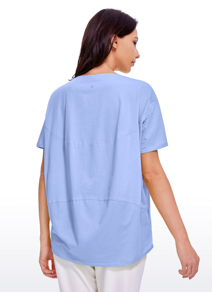 CRZ YOGA Women's Yoga Loose Fit Pima Cotton Short Sleeves Boat Neck White Opal