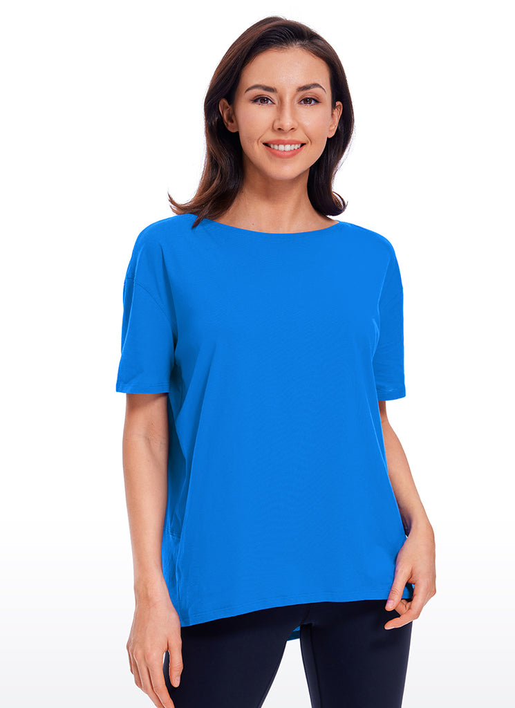 CRZ YOGA Women's Yoga Loose Fit Pima Cotton Short Sleeves Boat Neck Strong Blue