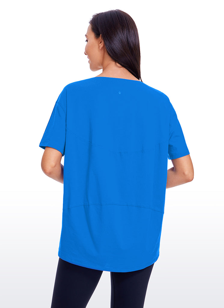 CRZ YOGA Women's Yoga Loose Fit Pima Cotton Short Sleeves Boat Neck Strong Blue