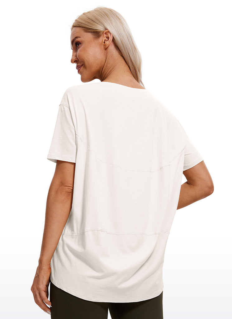 CRZ YOGA Women's Yoga Loose Fit Pima Cotton Short Sleeves Boat Neck Milky White
