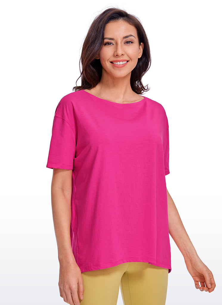 CRZ YOGA Women's Yoga Loose Fit Pima Cotton Short Sleeves Boat Neck White Opal