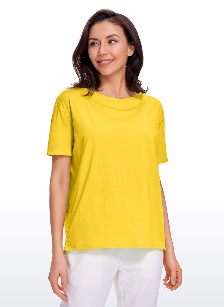 CRZ YOGA Women's Yoga Loose Fit Pima Cotton Short Sleeves Boat Neck Deep Red