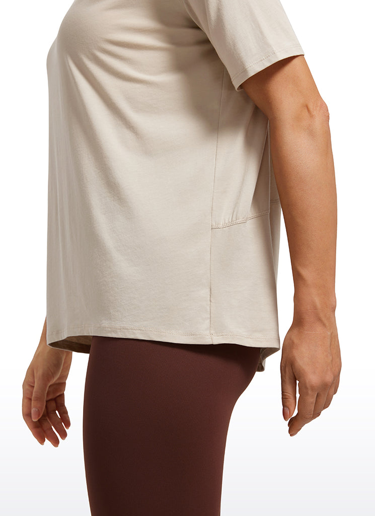 CRZ YOGA Women's Yoga Loose Fit Pima Cotton Short Sleeves Boat Neck Mojave Tan