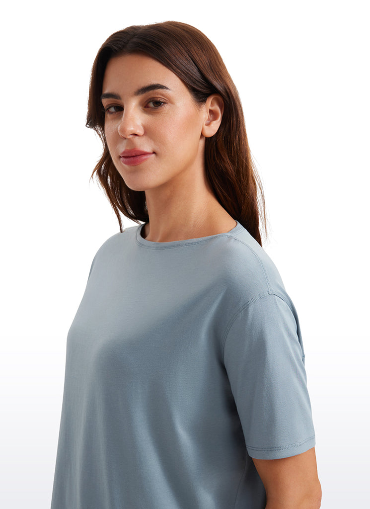 CRZ YOGA Women's Yoga Loose Fit Pima Cotton Short Sleeves Boat Neck Belgian Blue