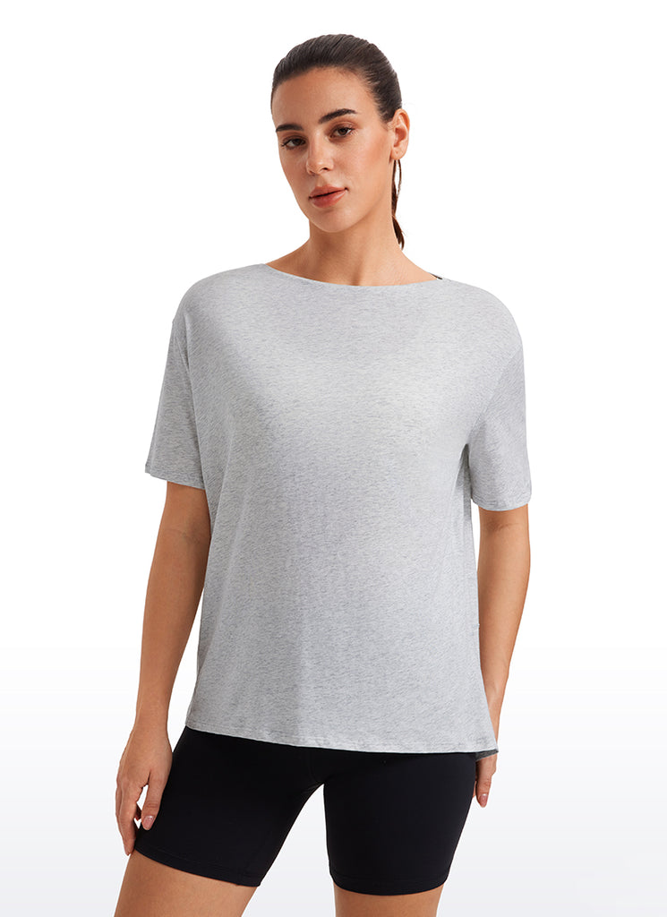 CRZ YOGA Women's Yoga Loose Fit Pima Cotton Short Sleeves Boat Neck High Visibility Yellow