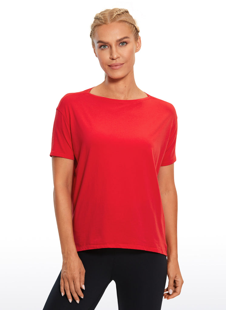 CRZ YOGA Women's Yoga Loose Fit Pima Cotton Short Sleeves Boat Neck Festival Red