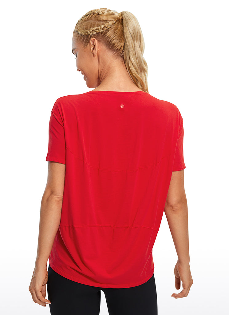 CRZ YOGA Women's Yoga Loose Fit Pima Cotton Short Sleeves Boat Neck Festival Red